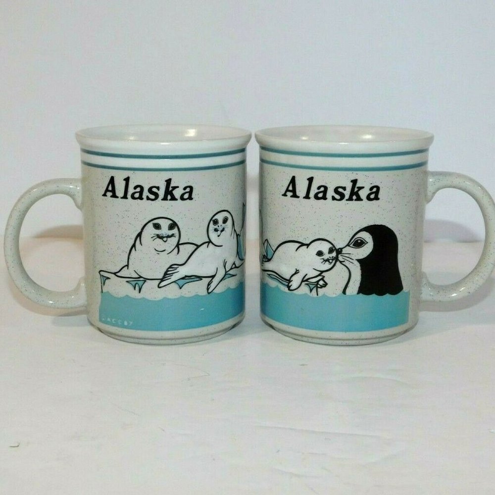 Set 2 Vintage Alaska Iceberg Seal Mom and Baby Tea Coffee Mug 1987 Ace Stoneware